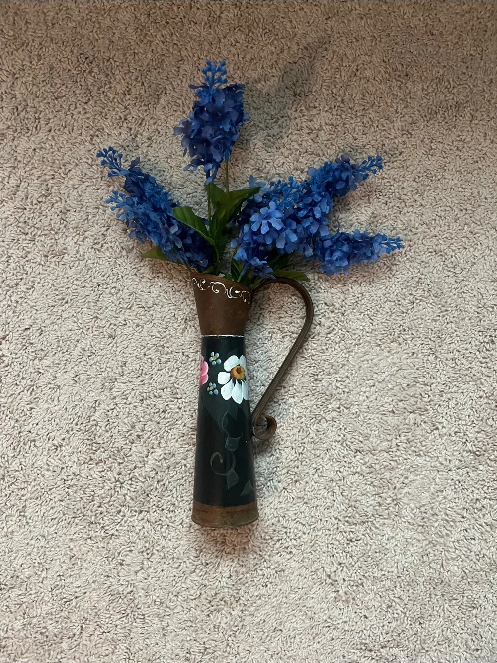 Hand-Painted Metal Wall Vase with Blue Floral Accents